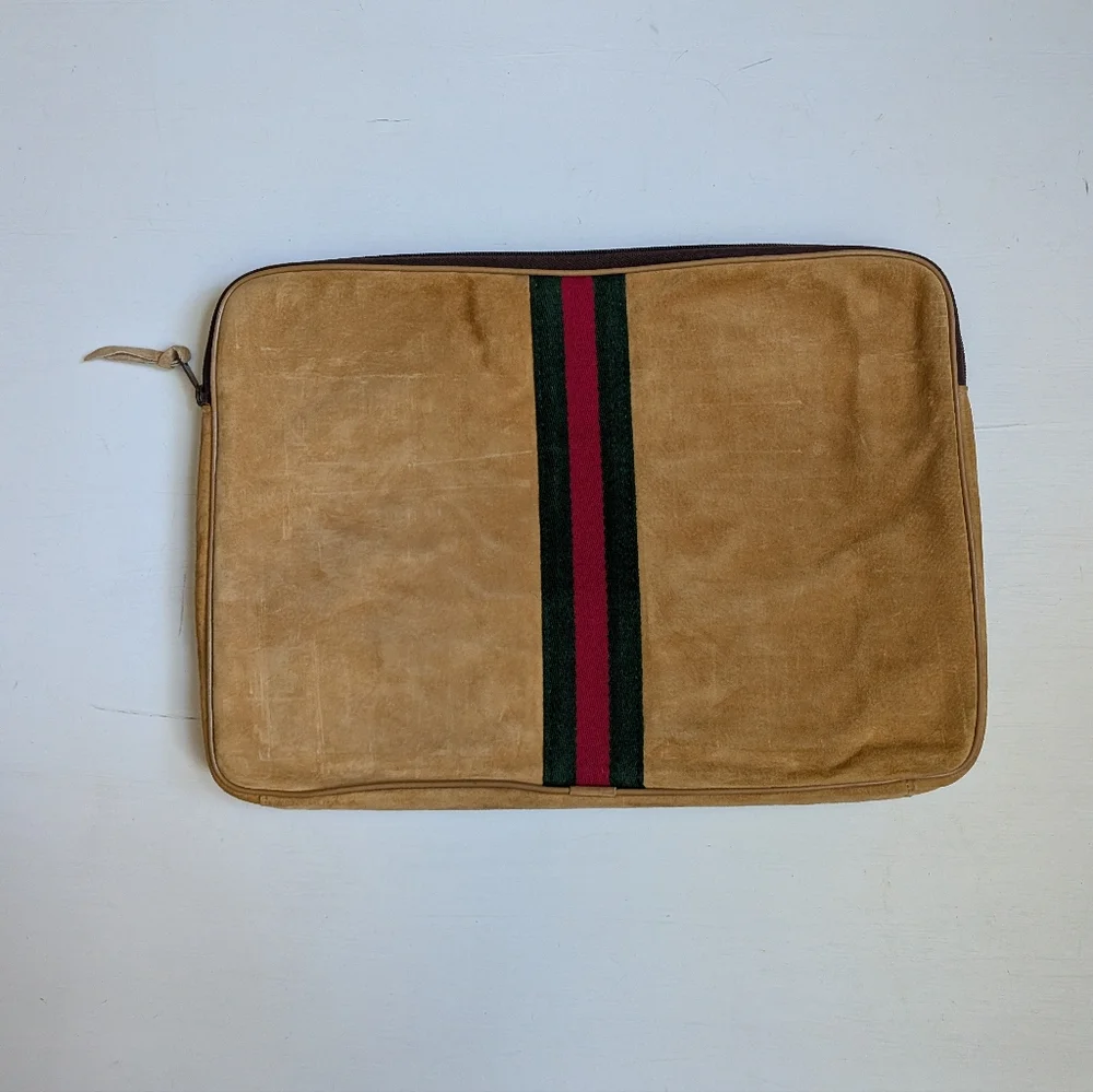 Tan Suede Laptop Document Bag Case with Stripe Detail